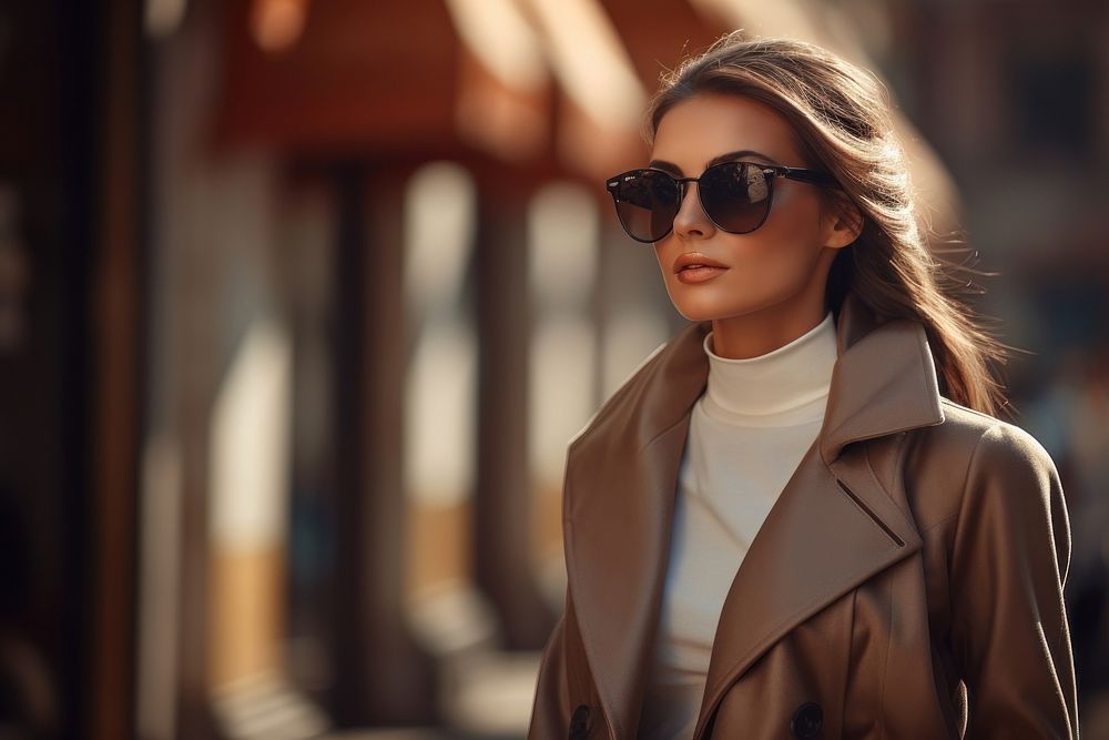 Young elegant woman in long jacket sunglasses portrait outdoors. AI generated Image by rawpixel.