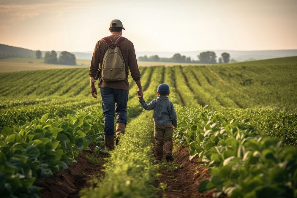 Farmer with his little son walking through the green field outdoors nature plant. AI generated Image by rawpixel.