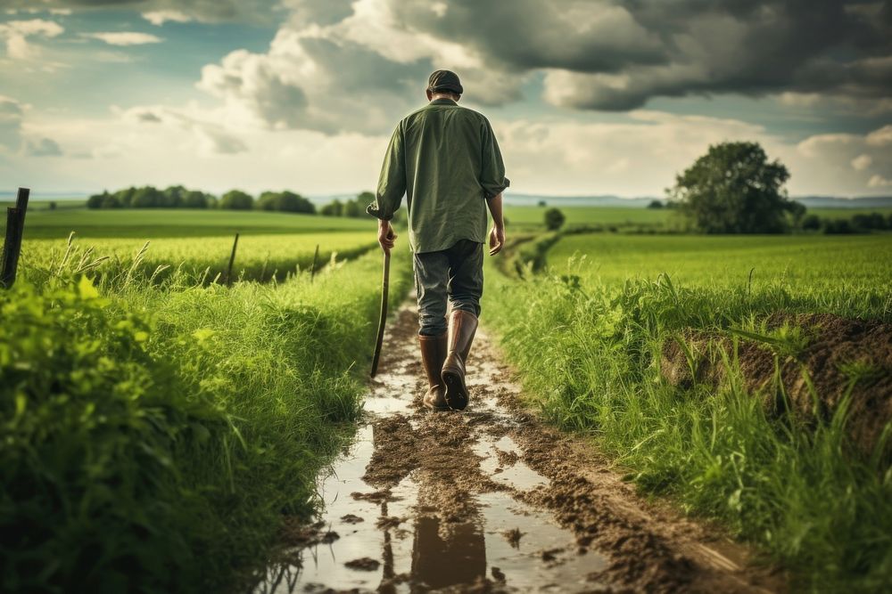 Farmer man walks with rubber boots field farm outdoors. AI generated Image by rawpixel.