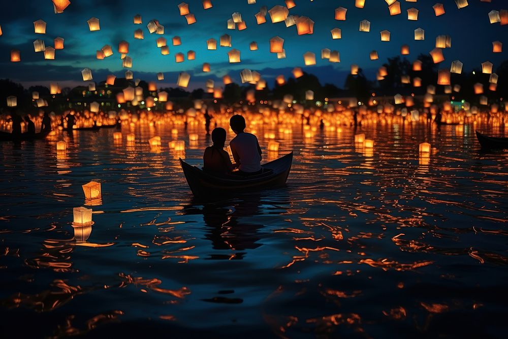 Floating lantern festival floating outdoors lighting. AI generated Image by rawpixel.
