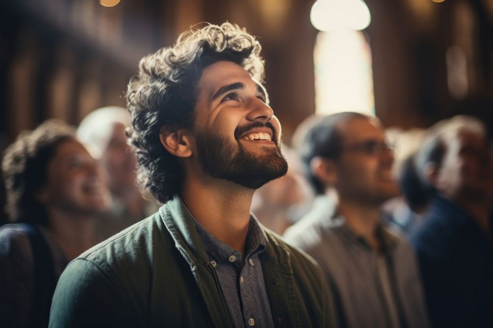 Happy man talking to god at church adult togetherness spirituality. AI generated Image by rawpixel.