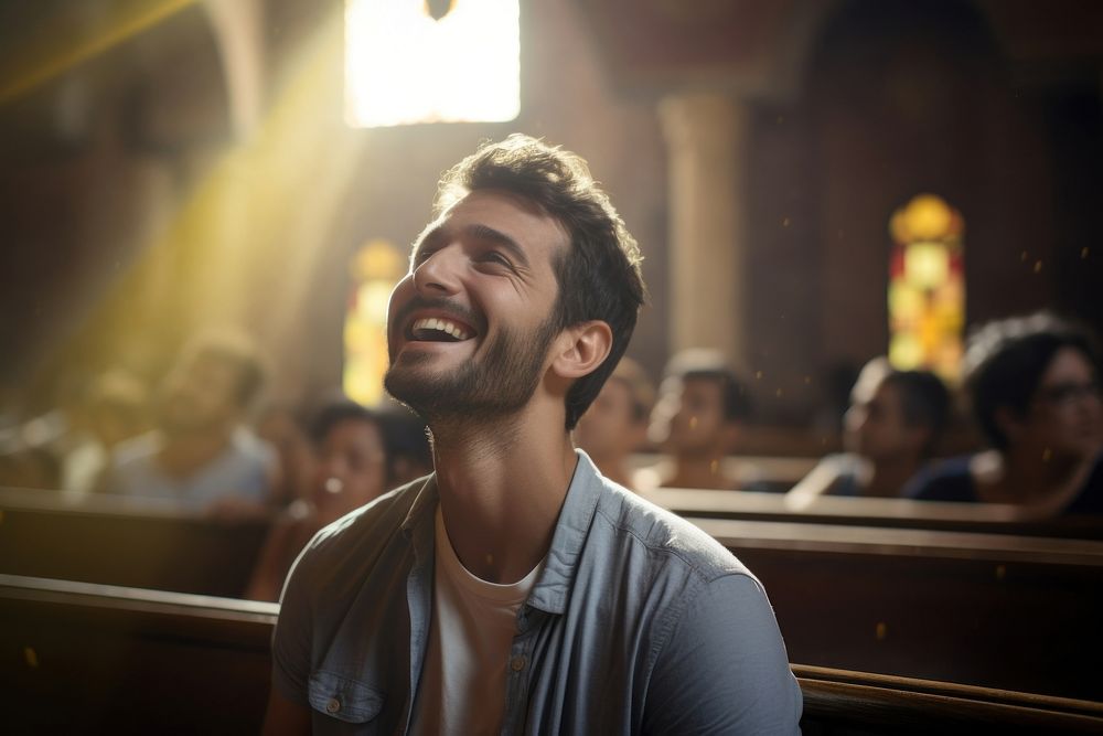 Happy man talking to god at church adult smile spirituality. AI generated Image by rawpixel.