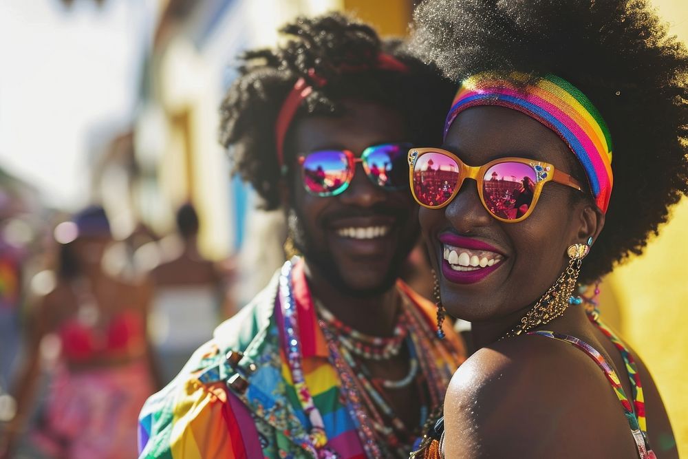 Black gay couple sunglasses carnival parade. AI generated Image by rawpixel.
