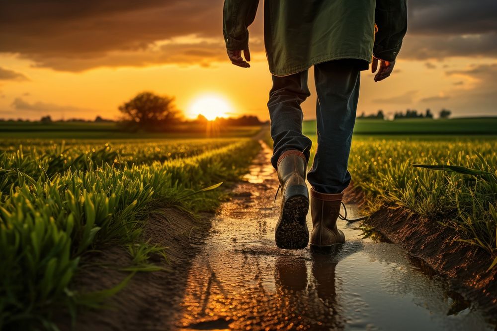 Happy Farmer man walks with rubber boots along green field country road walking sunset farmer. AI generated Image by…
