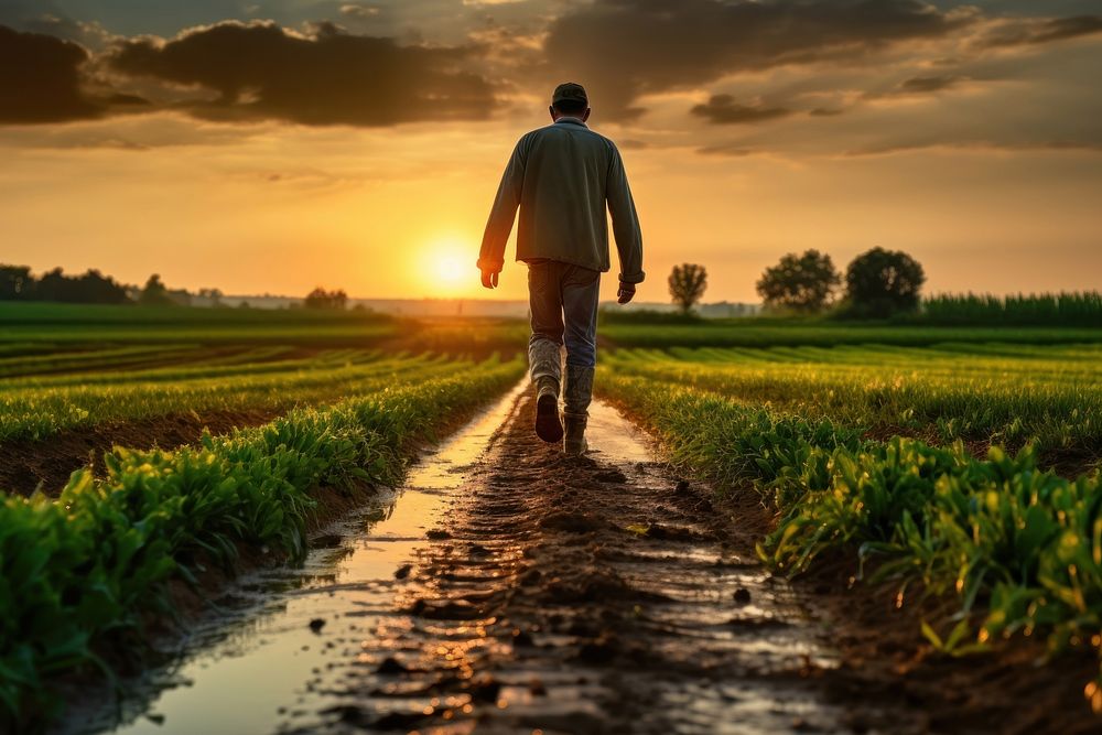 Happy Farmer man walks with rubber boots along green field country road outdoors standing horizon. 