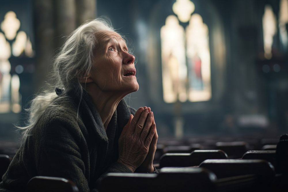 Hopeless woman talking to god in church adult contemplation spirituality. AI generated Image by rawpixel.