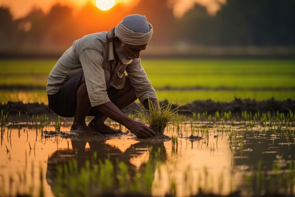 Indian farmer planting in rice paddy outdoors nature field. AI generated Image by rawpixel.