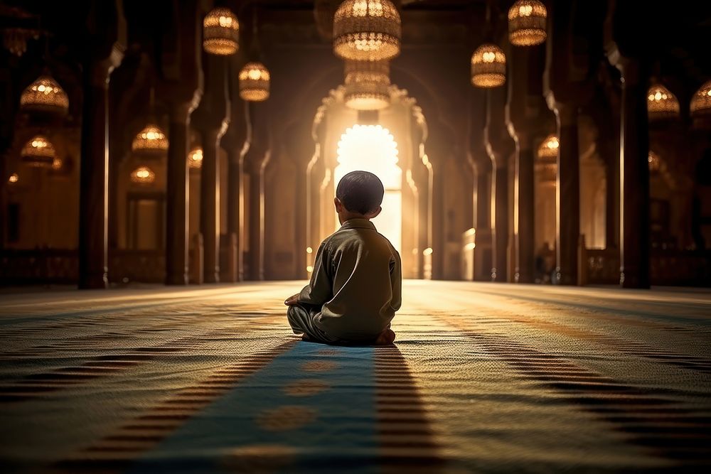 Little Asian Muslim boy is praying with peace in the beautiful mosque adult contemplation spirituality. AI generated Image…