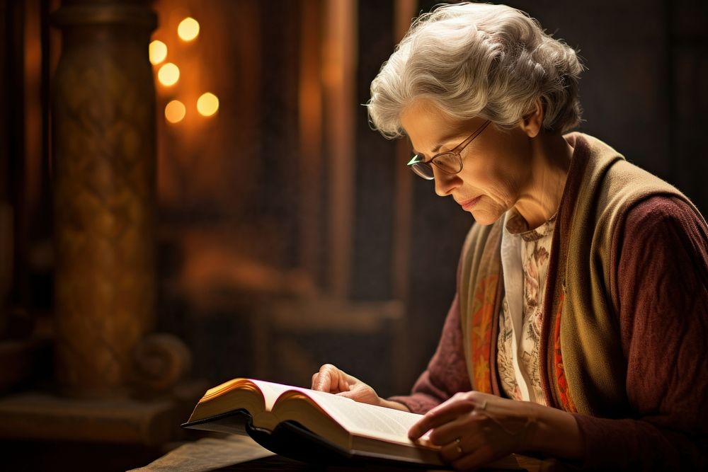Senior woman in prayer reading book for holy worship adult concentration contemplation. AI generated Image by rawpixel.