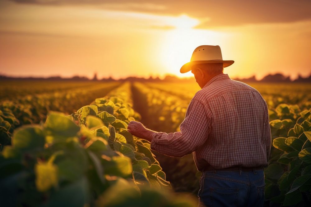 Senior farmer standing in soybean field examining crop at sunset outdoors nature adult. AI generated Image by rawpixel.