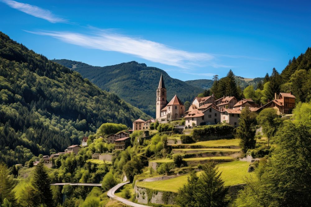 French village with church architecture landscape mountain. AI generated Image by rawpixel.