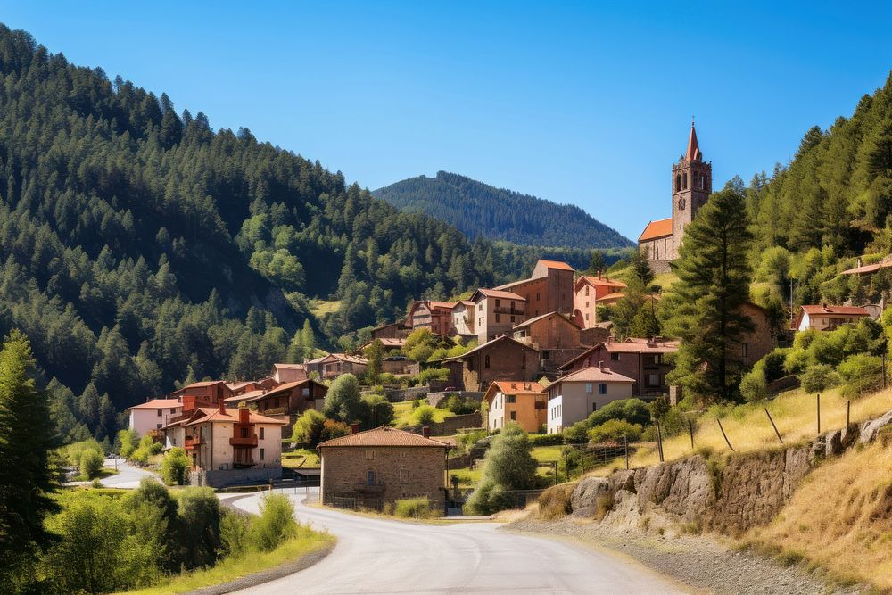 French village with church architecture outdoors mountain. AI generated Image by rawpixel.