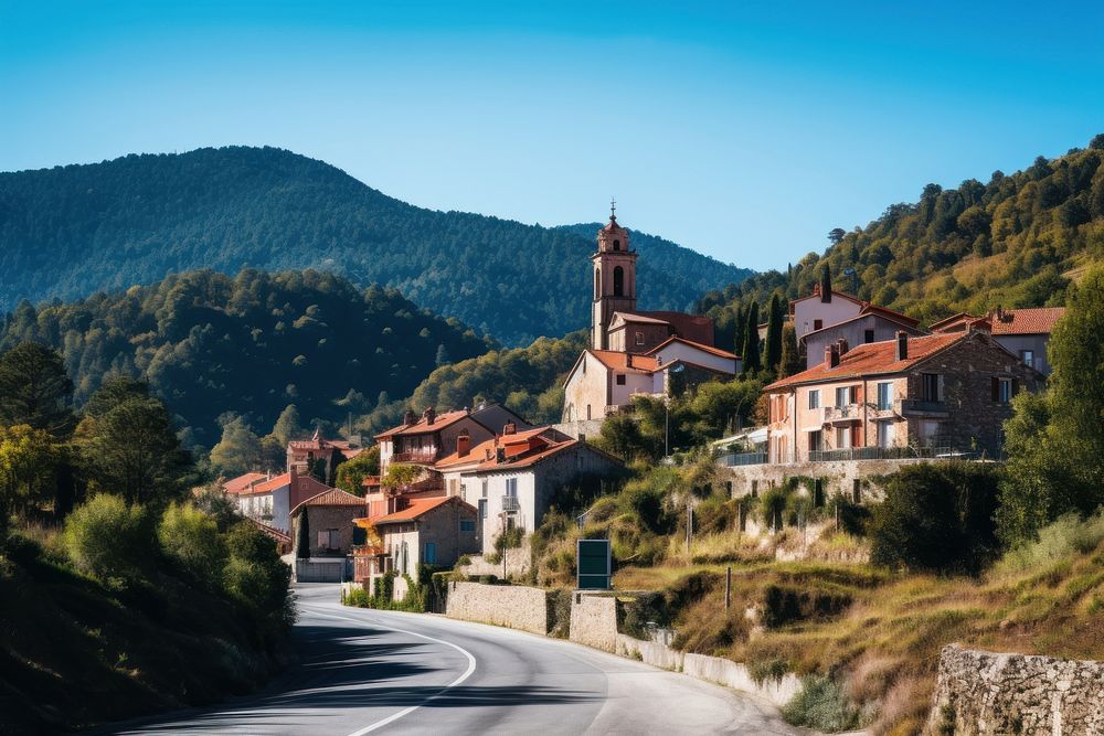 French village with church architecture outdoors mountain. AI generated Image by rawpixel.