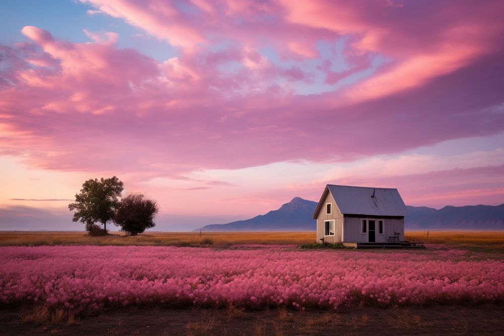 Small pink cottage field sky architecture. AI generated Image by rawpixel.