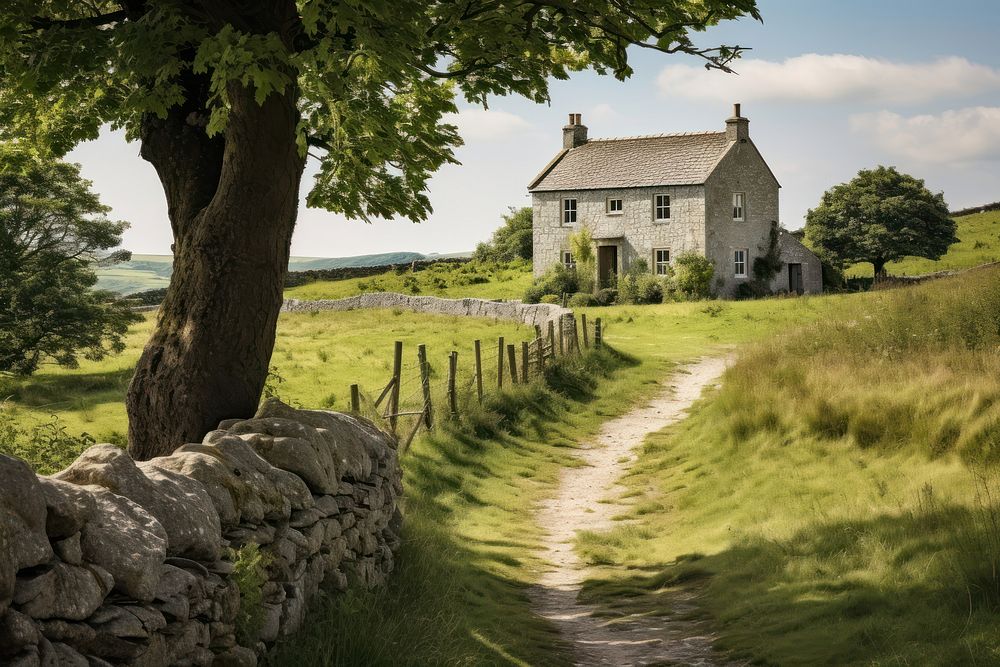 Small white english farmhouse architecture outdoors building. AI generated Image by rawpixel.