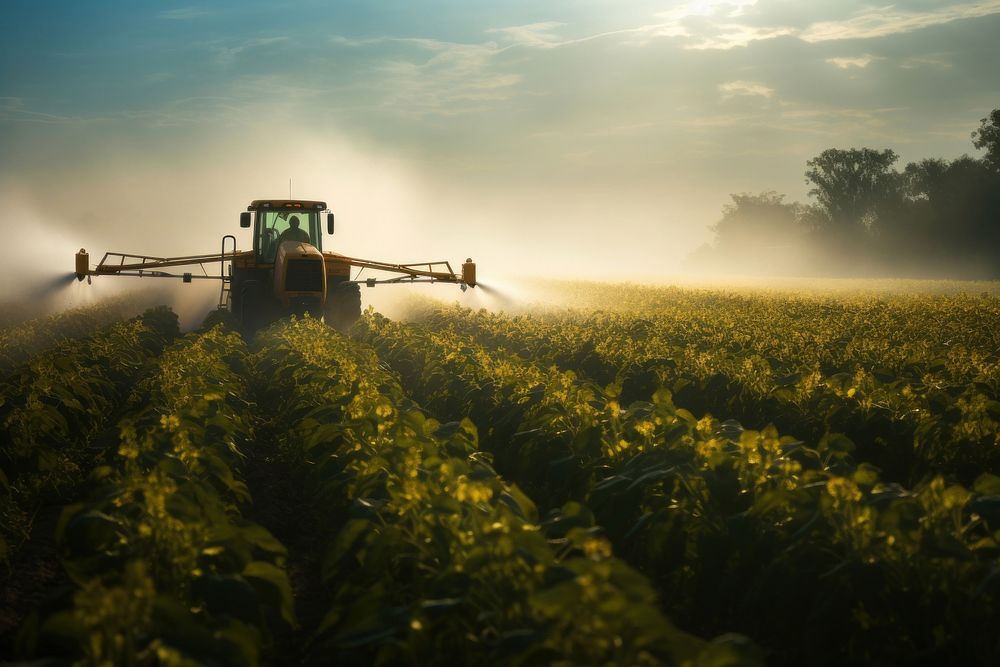 Tractor spraying pesticides on soybean field agriculture outdoors tractor. AI generated Image by rawpixel.