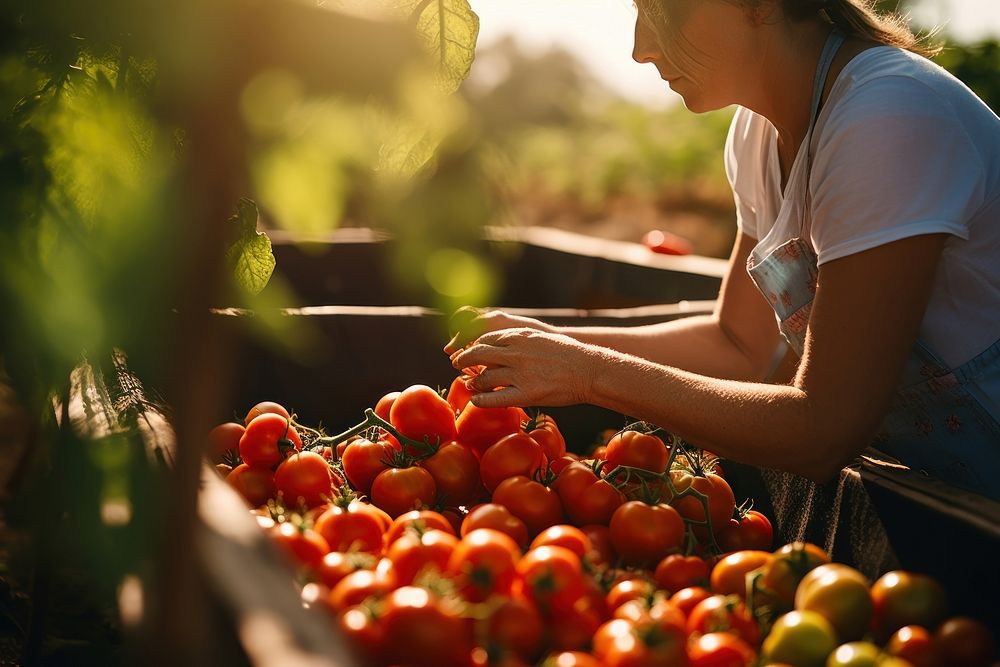 Woman farmer putting tomatoes in box on eco farm gardening outdoors market. AI generated Image by rawpixel.