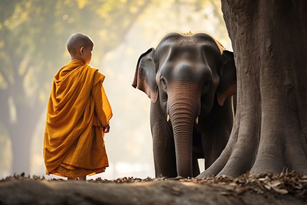 Young elephant with Monk alms round monk wildlife mammal. AI generated Image by rawpixel.
