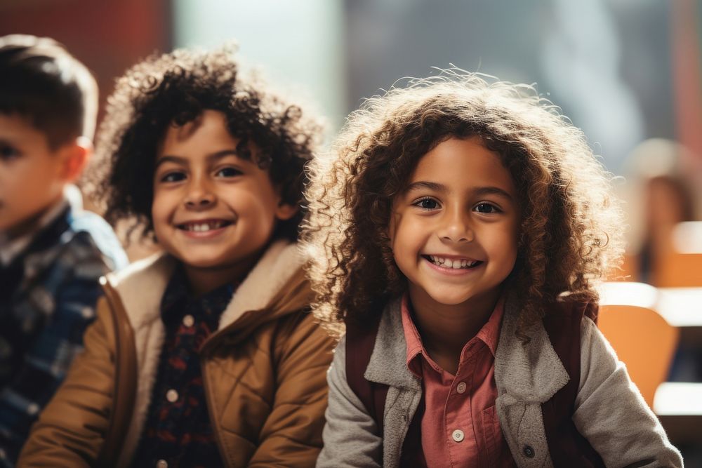 2 Latinx elementary school students child smile joy. AI generated Image by rawpixel.