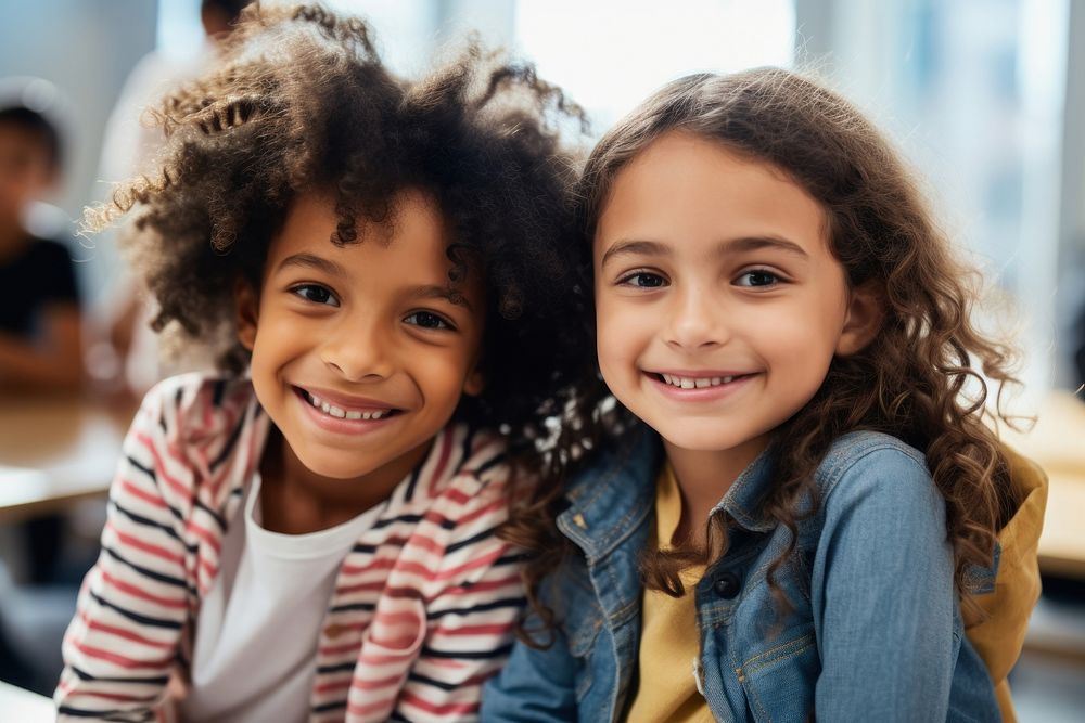 2 Latinx elementary school students child smile joy. AI generated Image by rawpixel.
