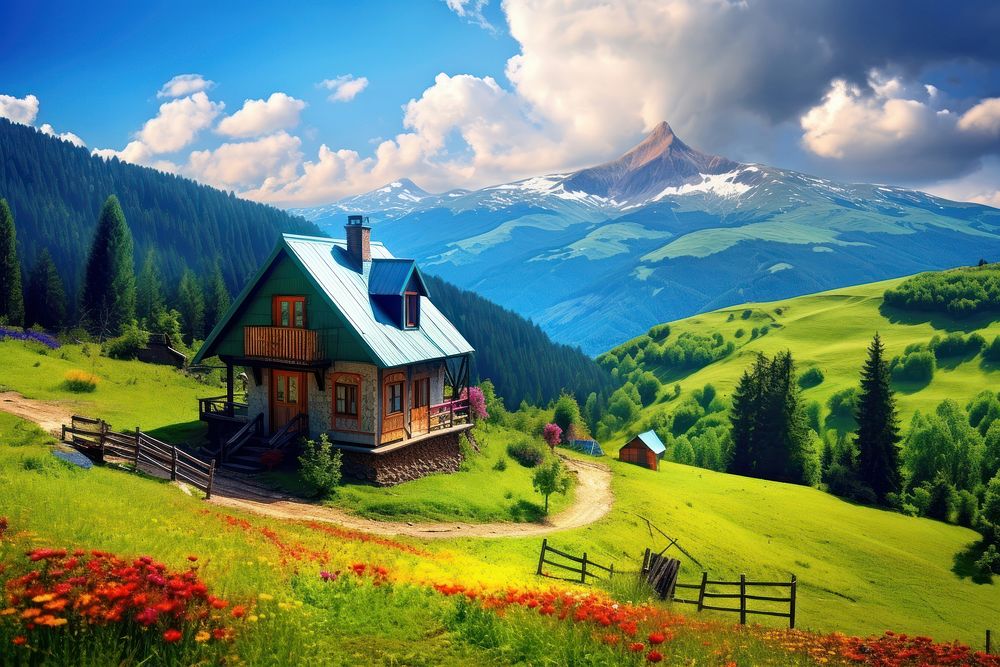 3 colorful small cottage on a hill architecture landscape mountain. AI generated Image by rawpixel.