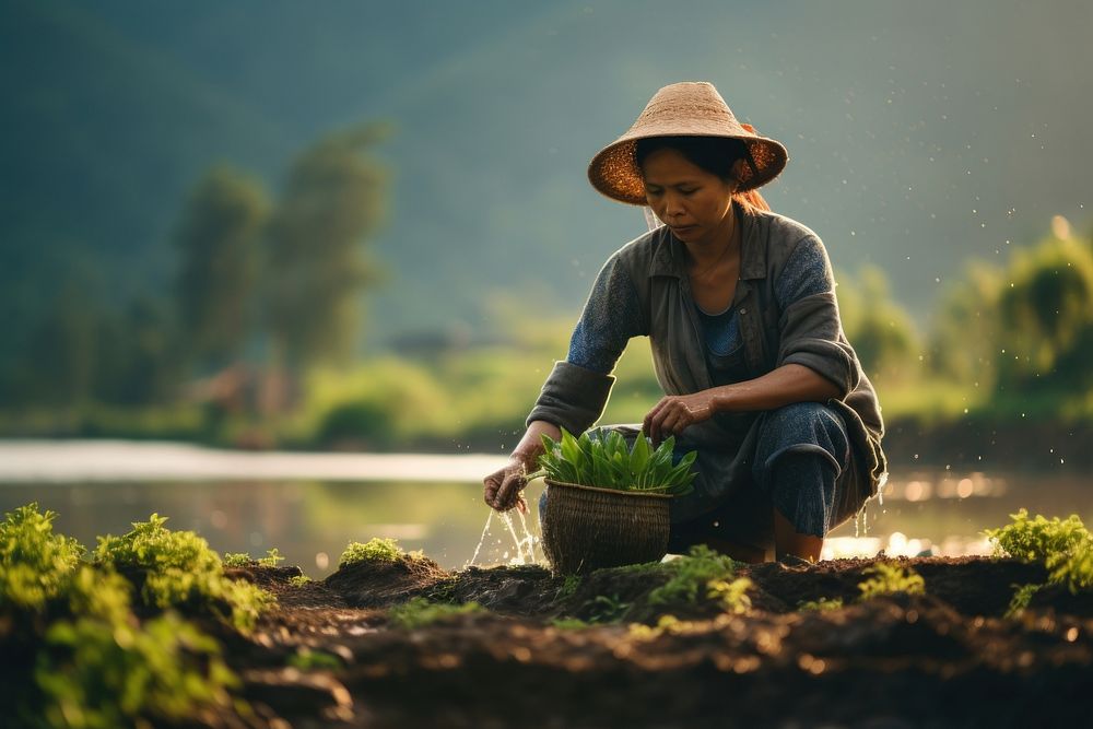 Asian female farmer doing agriculture gardening outdoors nature. AI generated Image by rawpixel.