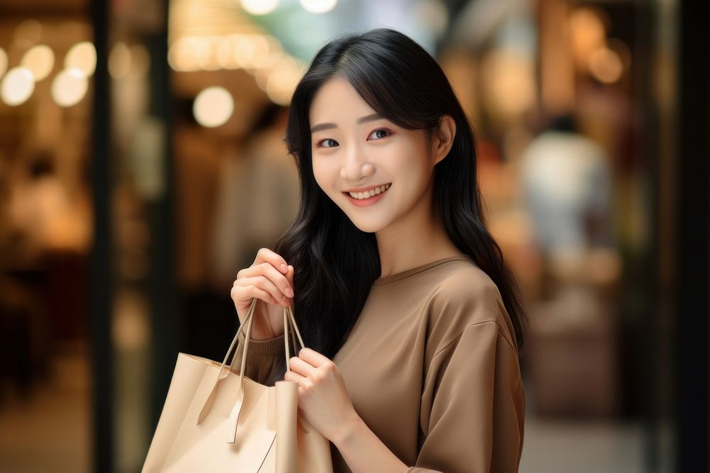 Woman holds shopping bag portrait smiling looking. AI generated Image by rawpixel.