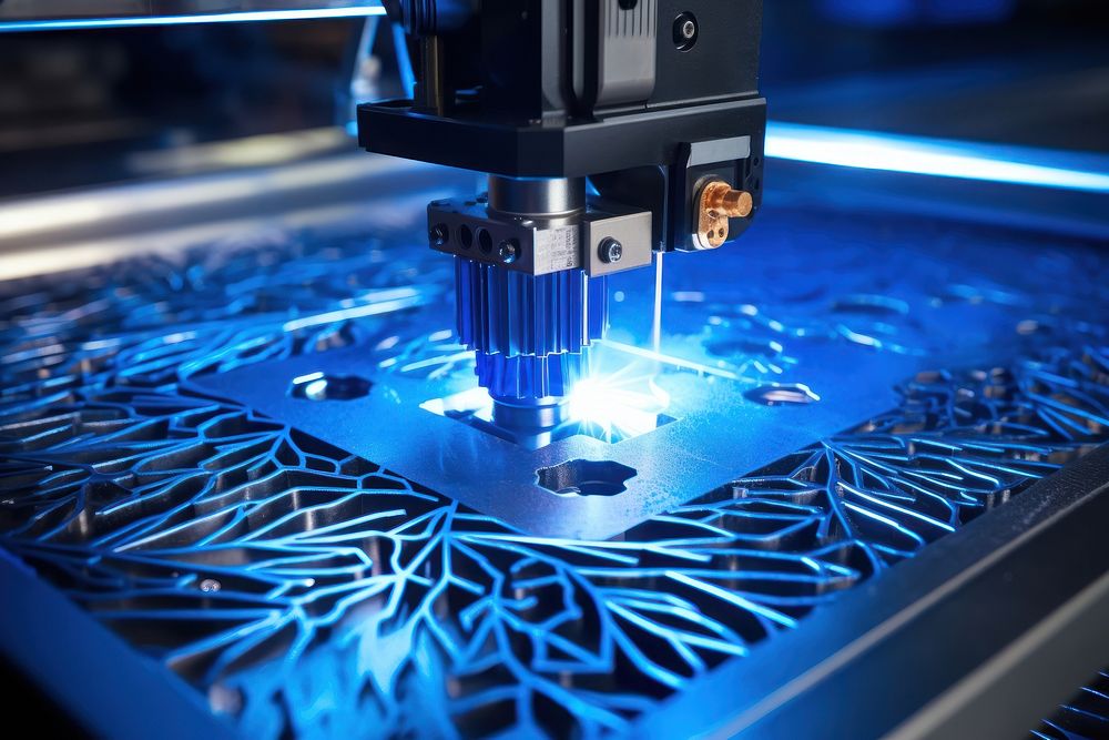 Blue color Laser CNC cut of metal with light spark manufacturing technology factory. AI generated Image by rawpixel.