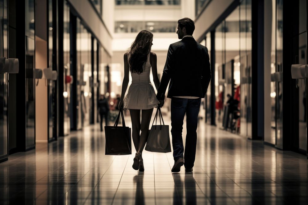 Couple with shopping bags walking adult infrastructure. AI generated Image by rawpixel.