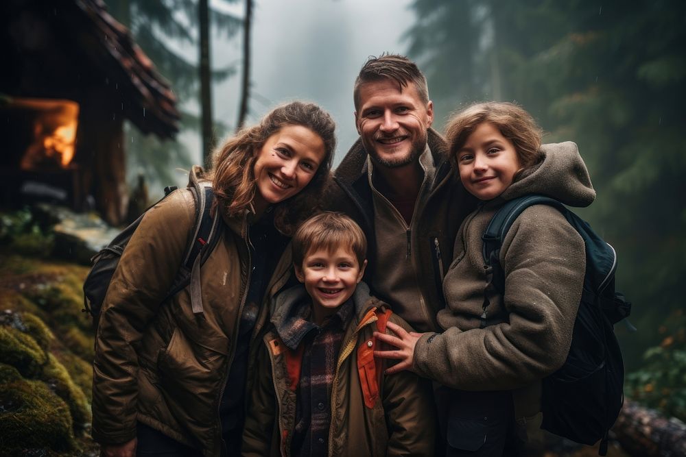 Family in a lodge against the background of the nature portrait jacket adult. AI generated Image by rawpixel.