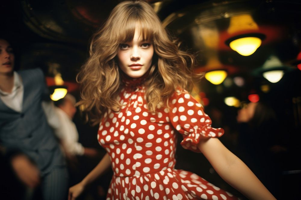 Girl in poka dot dress dancing in a club portrait fashion pattern. AI generated Image by rawpixel.