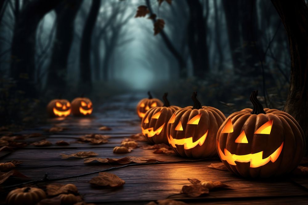 Halloween Pumpkins On Wood floor halloween pumpkin spooky. AI generated Image by rawpixel.