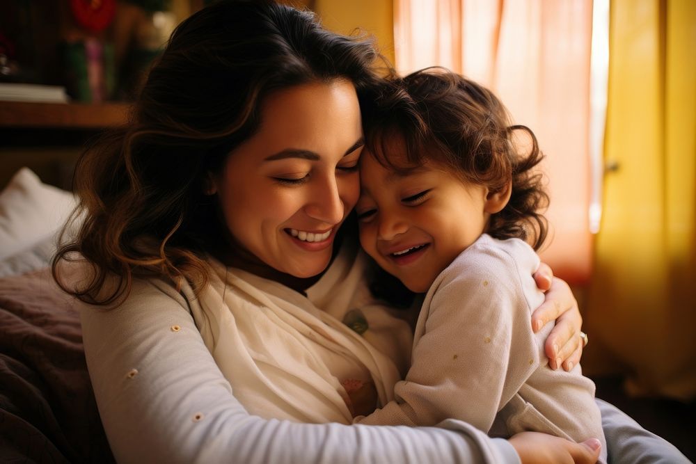 Hispanic mom hugging a kid portrait adult photo. AI generated Image by rawpixel.