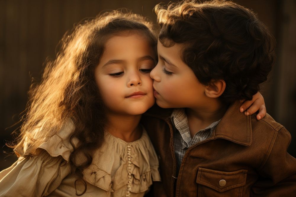 Hispanic sister kissing little brother portrait child photo. AI generated Image by rawpixel.