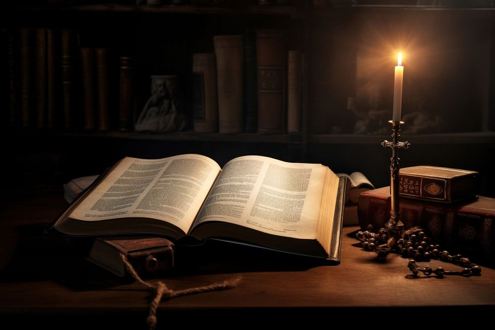 Holy Bible and Cross on Desk publication candle book. 