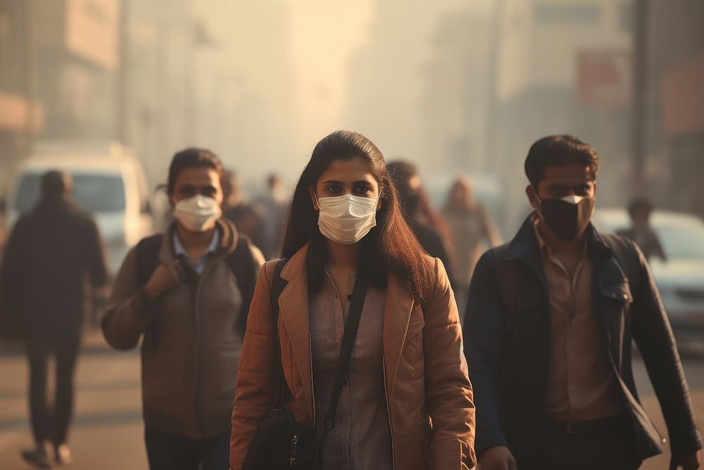 Indian people wearing mask pollution smog outdoors. AI generated Image by rawpixel.