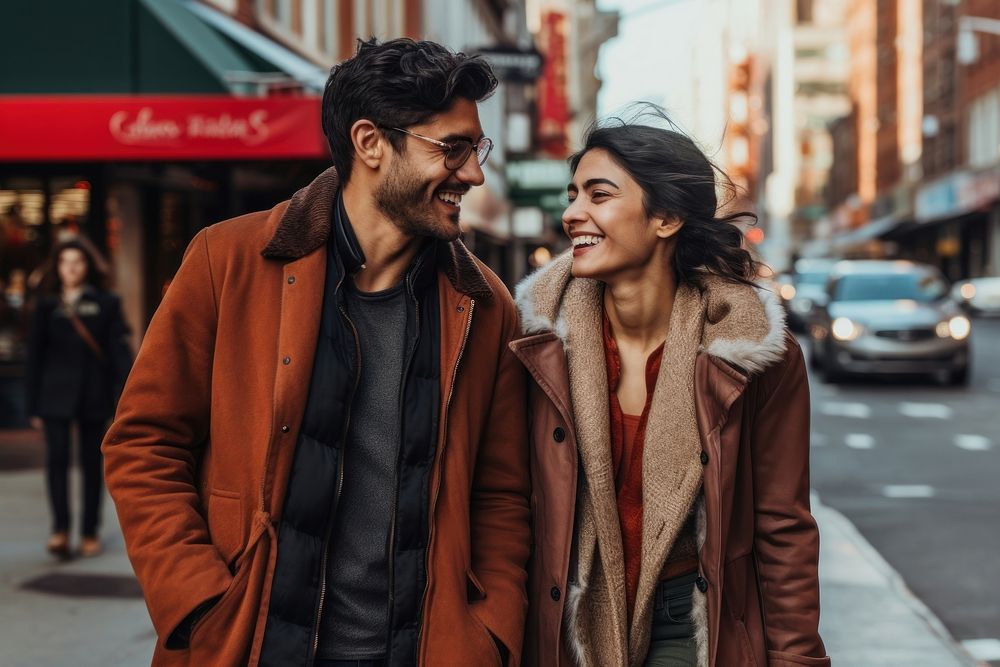 Latinx couple jacket street scarf. AI generated Image by rawpixel.