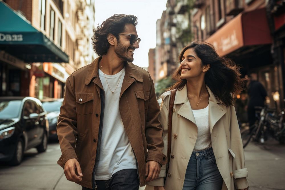 Latinx couple walking street jacket. AI generated Image by rawpixel.