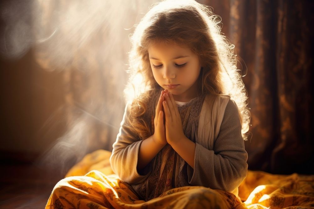 Little girl praying in the morning light child contemplation. AI generated Image by rawpixel.