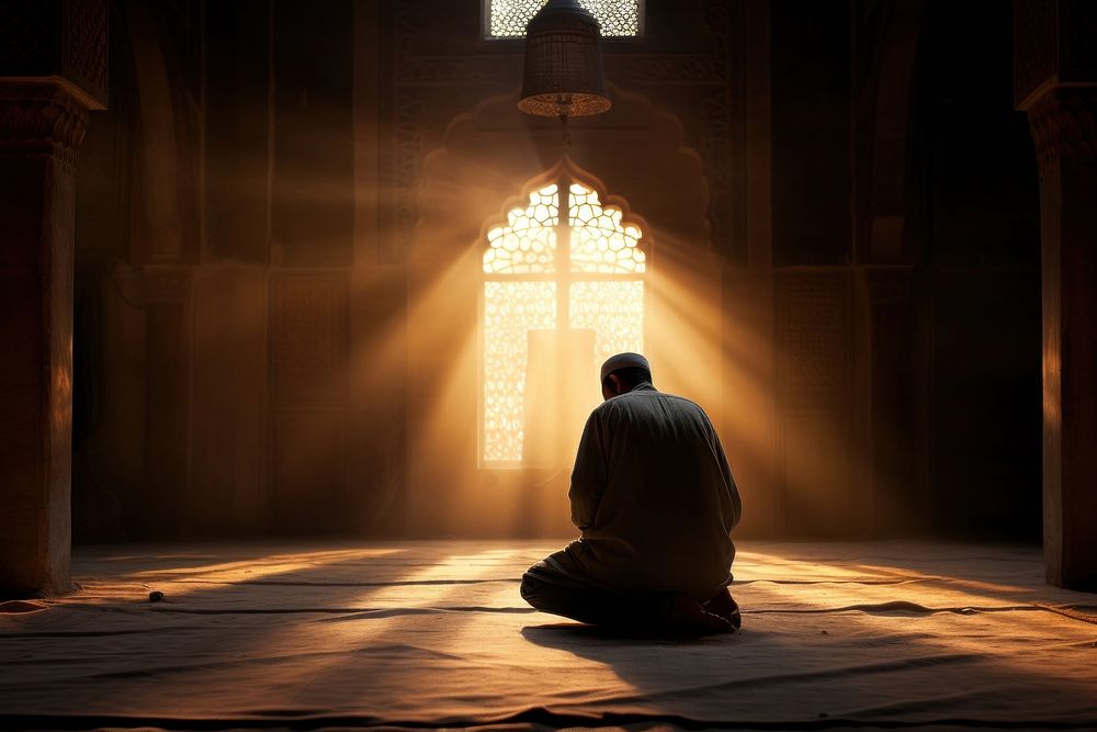 Muslim man praying inside the mosque spirituality architecture backlighting. 