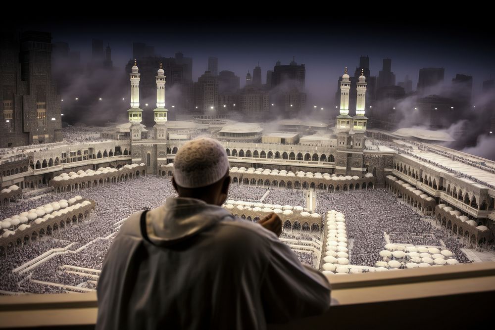 Muslim praying at mecca architecture building adult. AI generated Image by rawpixel.