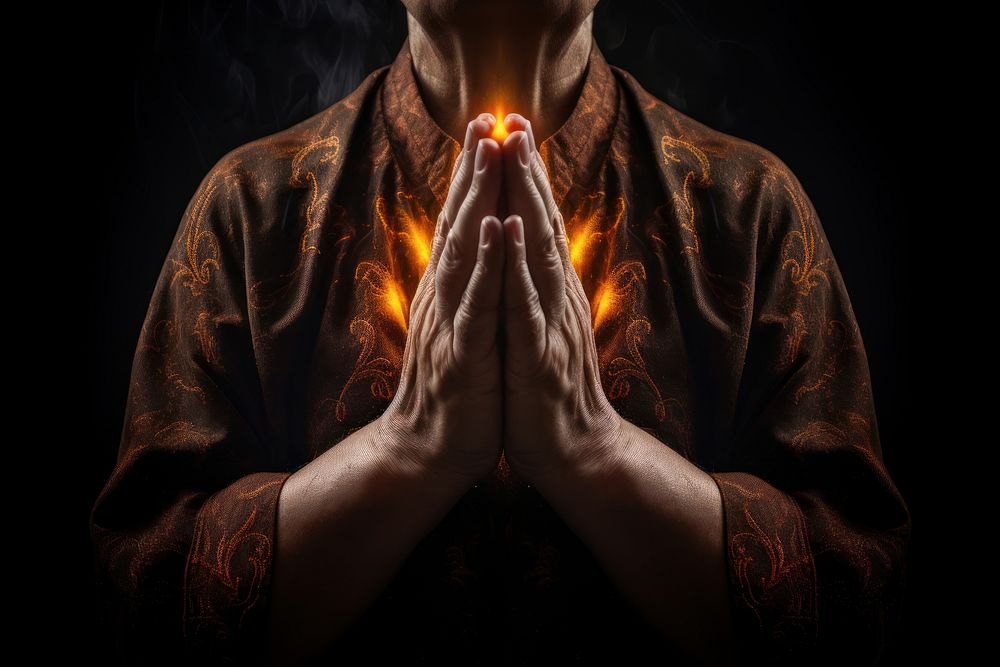 Praying hands with faith in religion and belief in God praying spirituality illuminated. AI generated Image by rawpixel.