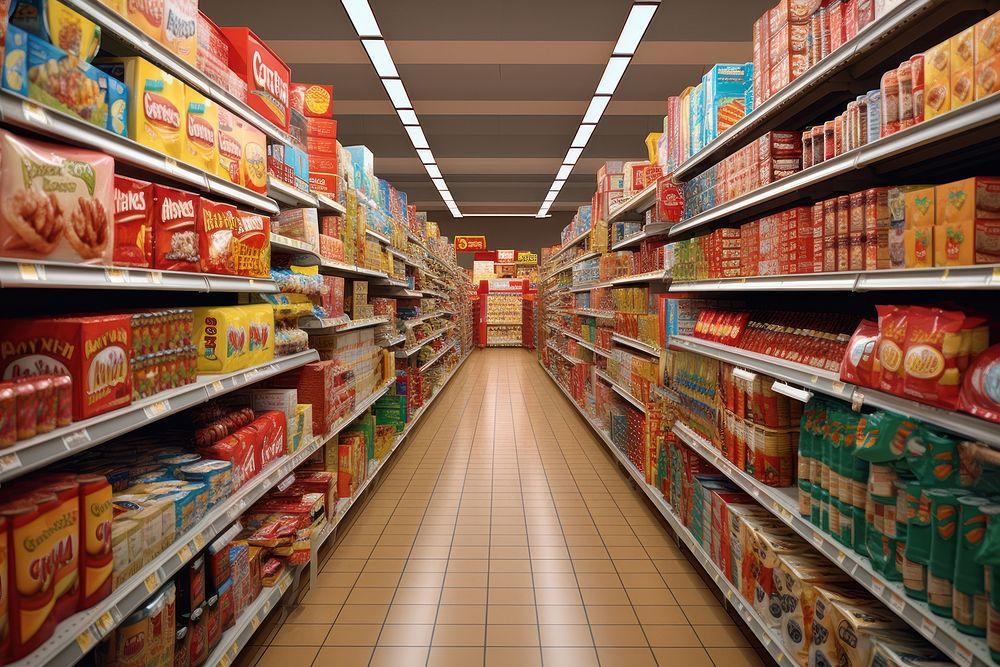 Supermarket aisle supermarket architecture consumerism. AI generated Image by rawpixel.