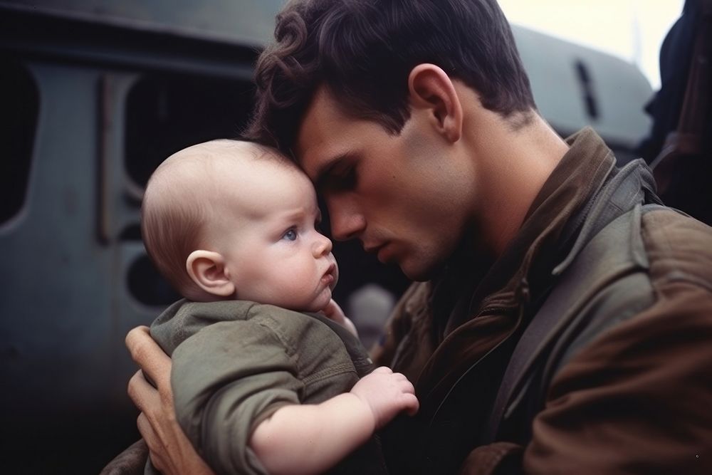 Patriotic serviceman embracing his child military portrait hugging. AI generated Image by rawpixel.