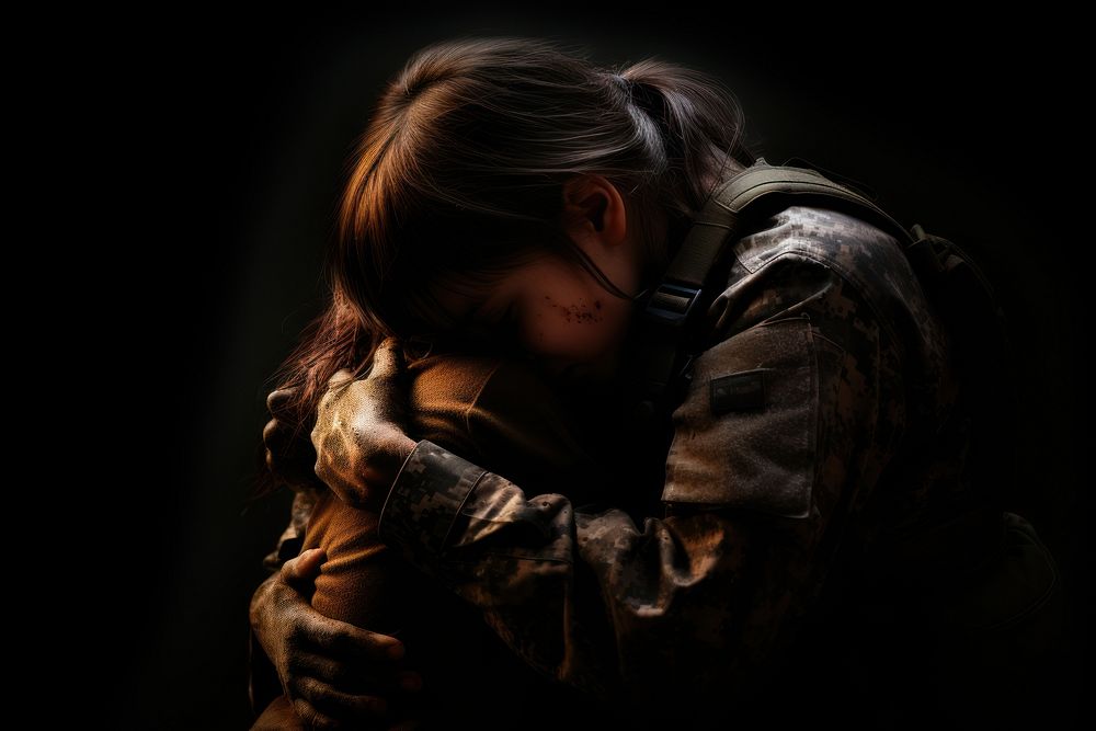 Patriotic serviceman embracing his child adult affectionate loneliness. AI generated Image by rawpixel.
