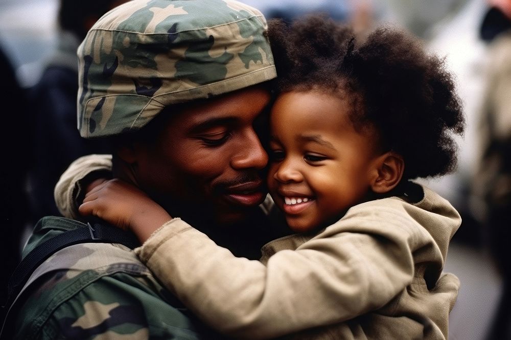 Patriotic serviceman embracing his child military portrait hugging. AI generated Image by rawpixel.