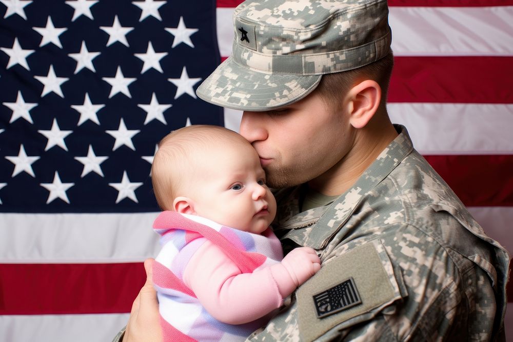Patriotic serviceman embracing his child military portrait photo. AI generated Image by rawpixel.