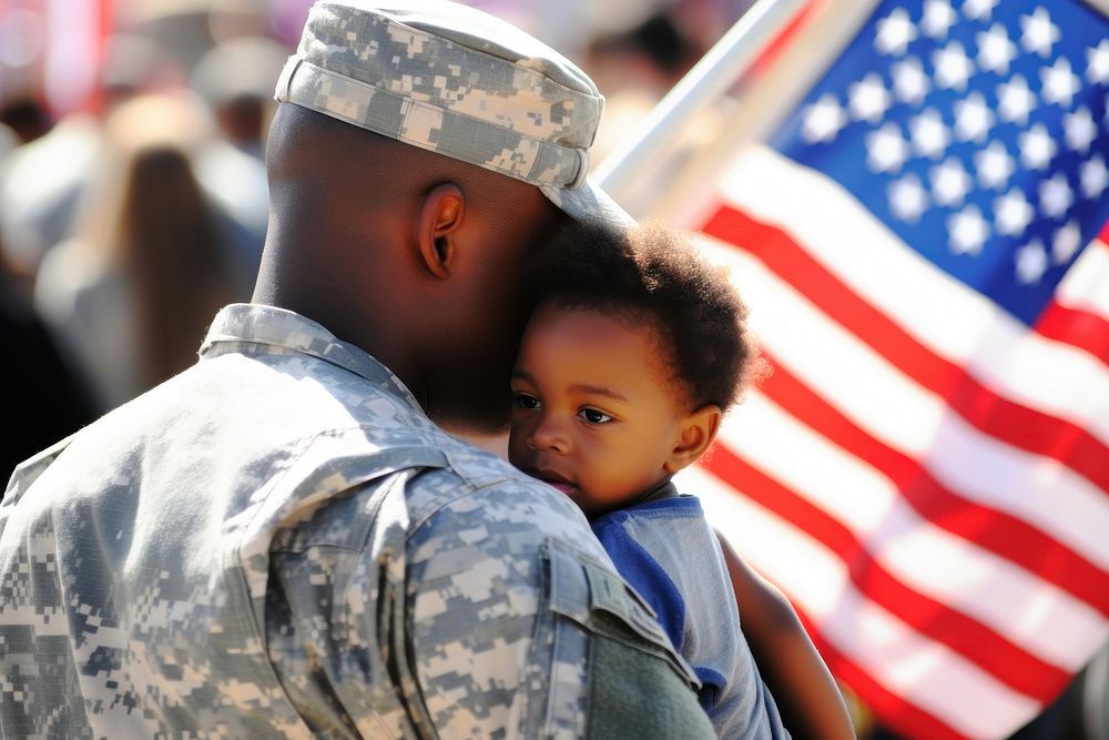 Patriotic serviceman embracing his child military portrait adult. AI generated Image by rawpixel.