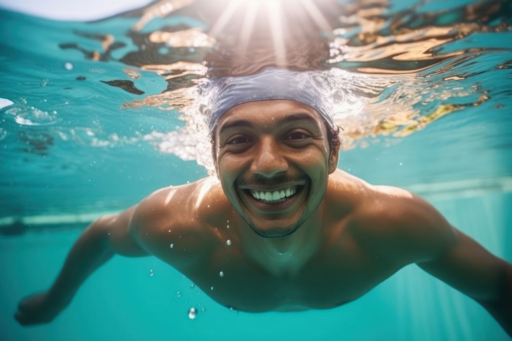 Hispanic Peruvian swimming in a pool recreation outdoors smiling. AI generated Image by rawpixel.