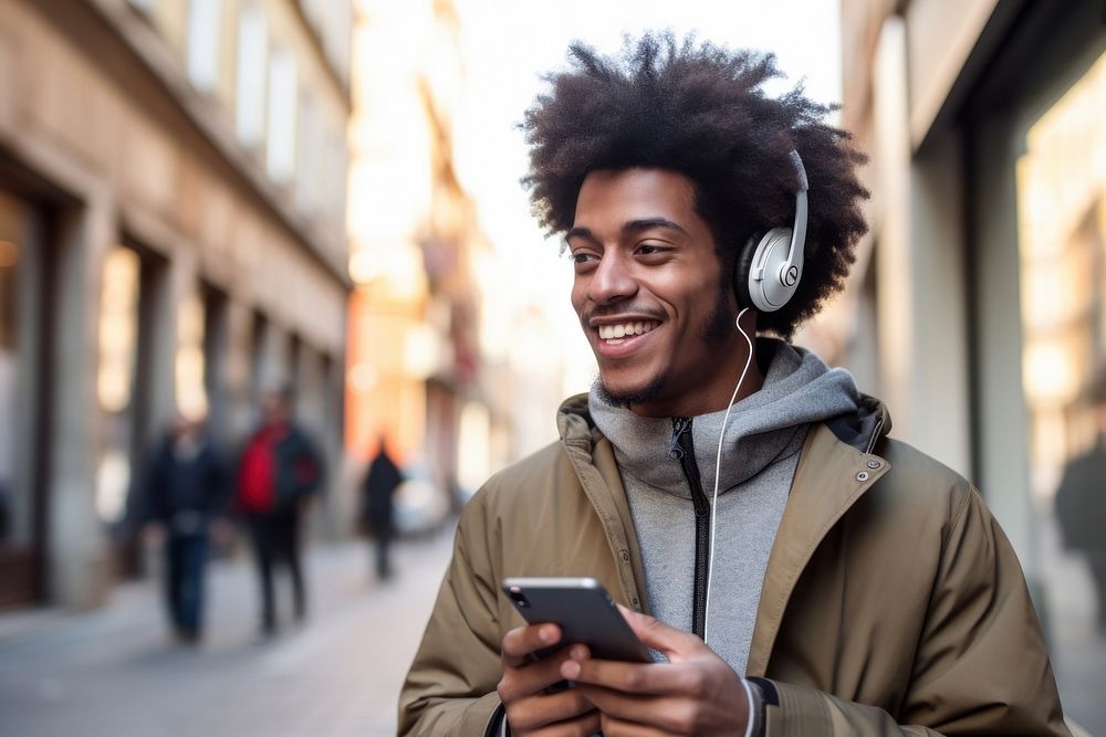 Black men headphones street adult. AI generated Image by rawpixel.